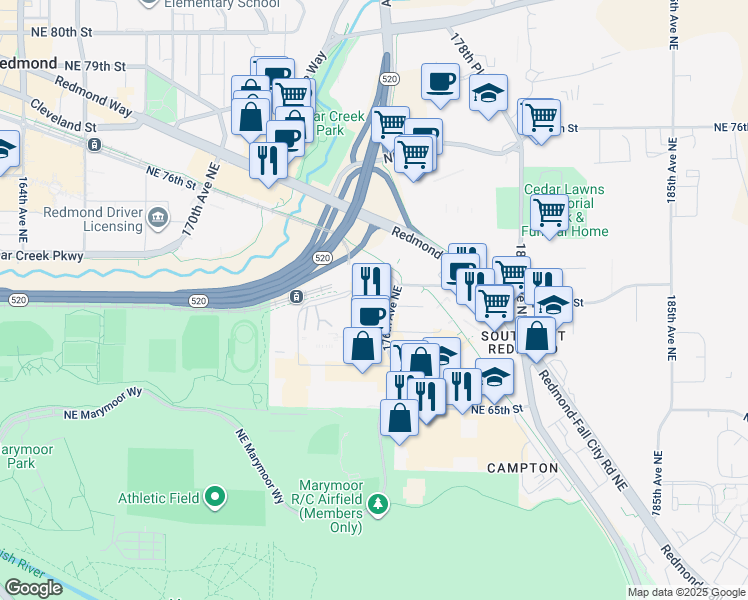 map of restaurants, bars, coffee shops, grocery stores, and more near 6975 176th Avenue Northeast in Redmond