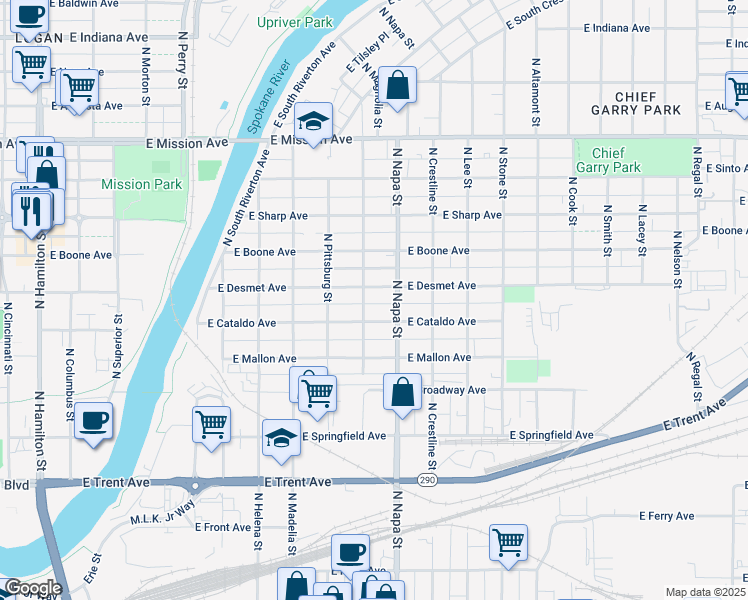 map of restaurants, bars, coffee shops, grocery stores, and more near 1910 East Desmet Avenue in Spokane