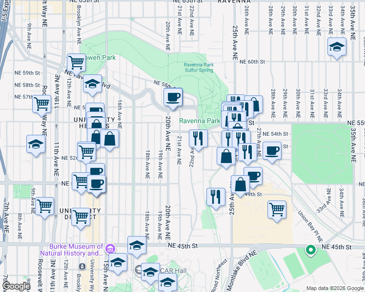 map of restaurants, bars, coffee shops, grocery stores, and more near 5220 21st Avenue Northeast in Seattle