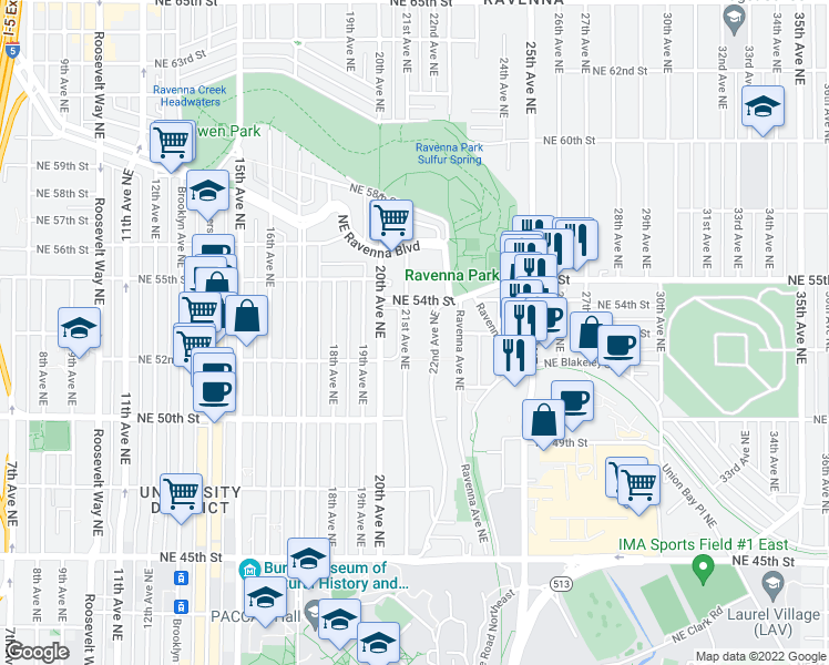 map of restaurants, bars, coffee shops, grocery stores, and more near 5220 21st Avenue Northeast in Seattle