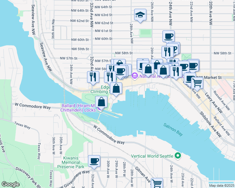 map of restaurants, bars, coffee shops, grocery stores, and more near 5330 30th Avenue Northwest in Seattle