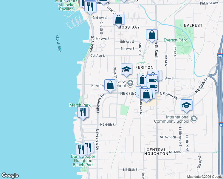 map of restaurants, bars, coffee shops, grocery stores, and more near 10304 A Northeast 68th Street in Kirkland