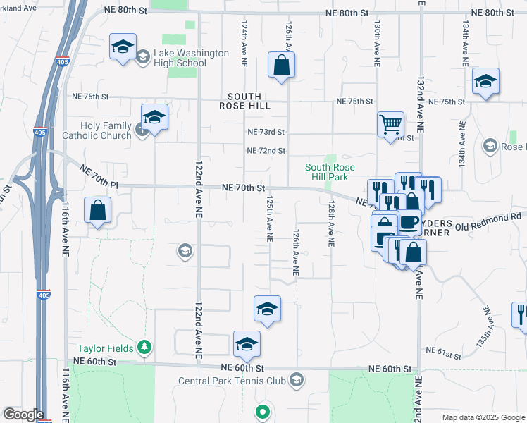 map of restaurants, bars, coffee shops, grocery stores, and more near 6901 125th Avenue Northeast in Kirkland