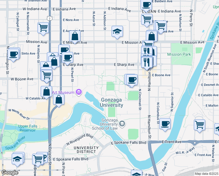 map of restaurants, bars, coffee shops, grocery stores, and more near 502 East Boone Avenue in Spokane