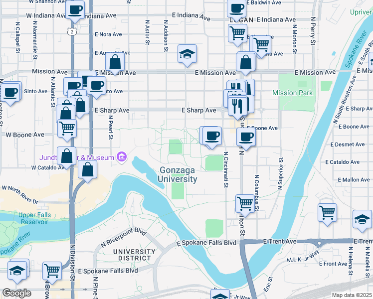 map of restaurants, bars, coffee shops, grocery stores, and more near 602 East Cataldo Avenue in Spokane