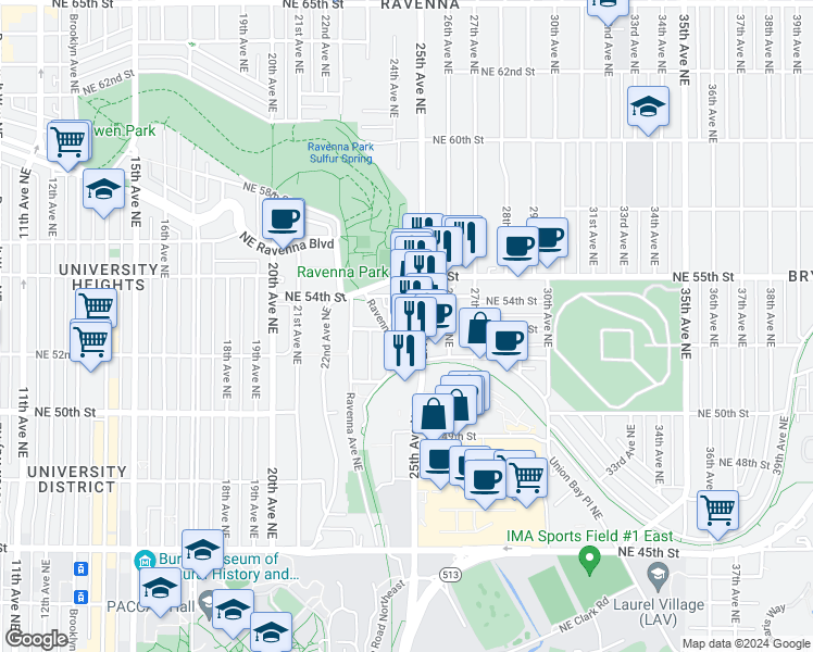 map of restaurants, bars, coffee shops, grocery stores, and more near 5101 25th Avenue Northeast in Seattle