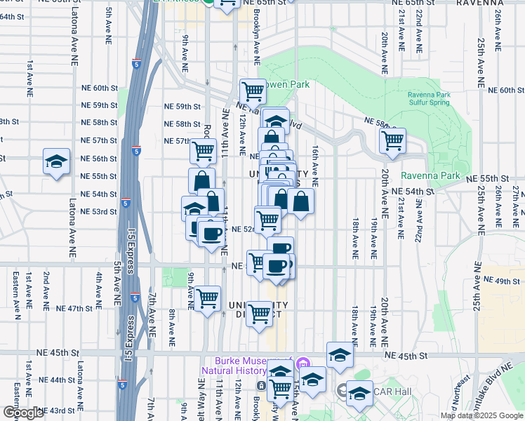 map of restaurants, bars, coffee shops, grocery stores, and more near 5219 Brooklyn Avenue Northeast in Seattle