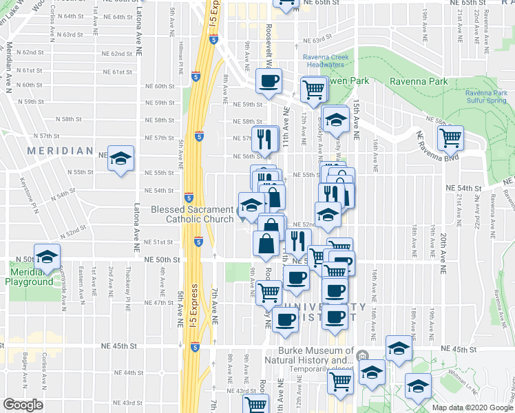 map of restaurants, bars, coffee shops, grocery stores, and more near 5220 Roosevelt Way Northeast in Seattle