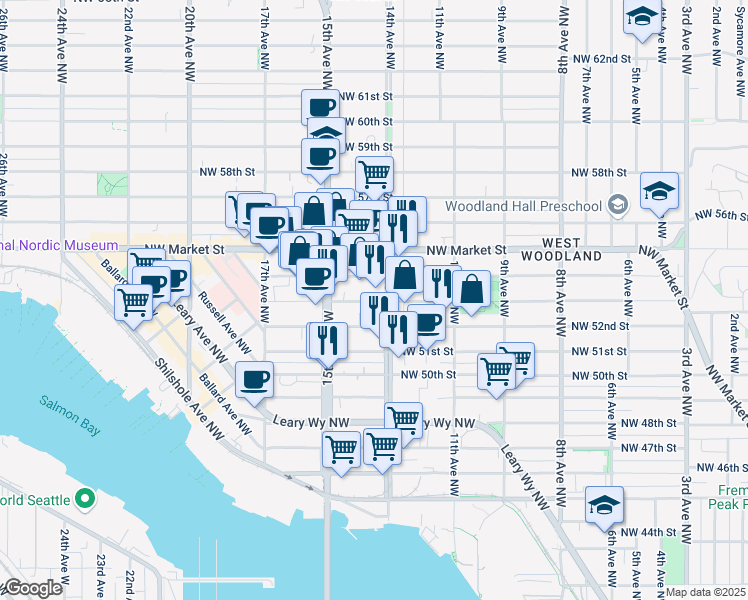 map of restaurants, bars, coffee shops, grocery stores, and more near 1400 Northwest 52nd Street in Seattle