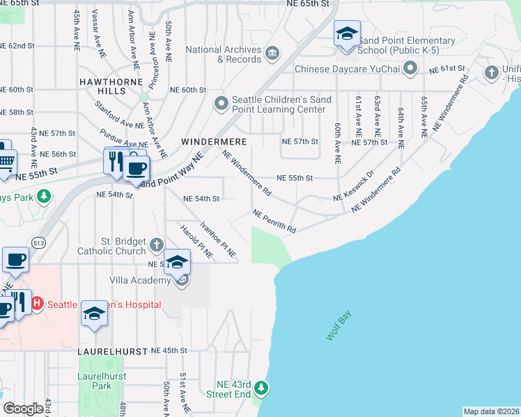 map of restaurants, bars, coffee shops, grocery stores, and more near 5518 Northeast Penrith Road in Seattle
