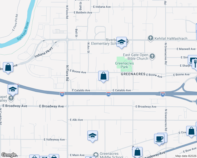 map of restaurants, bars, coffee shops, grocery stores, and more near 1108 North Tschirley Road in Spokane Valley