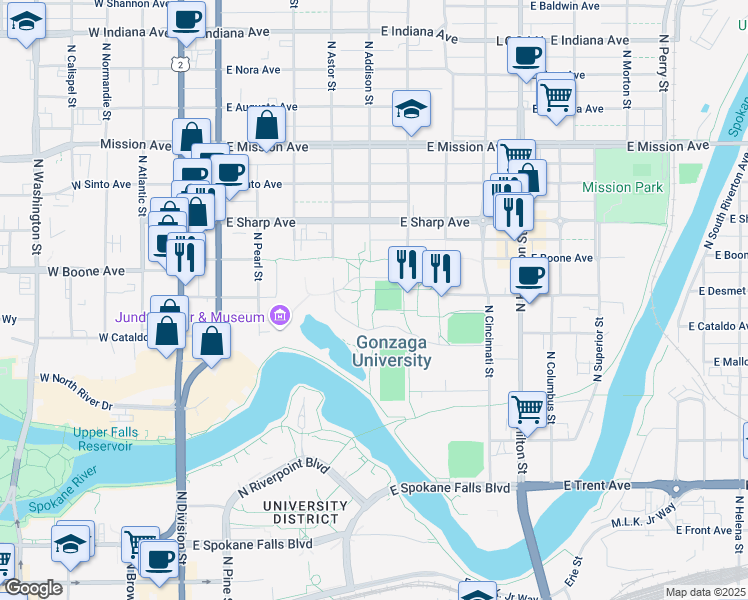 map of restaurants, bars, coffee shops, grocery stores, and more near 502 East Boone Avenue in Spokane