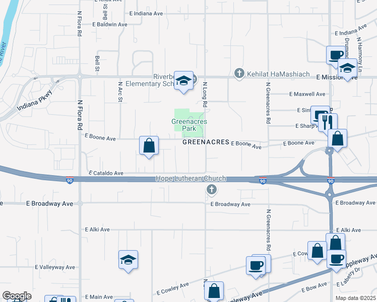 map of restaurants, bars, coffee shops, grocery stores, and more near 1109 N Manifold Ln in Spokane Valley
