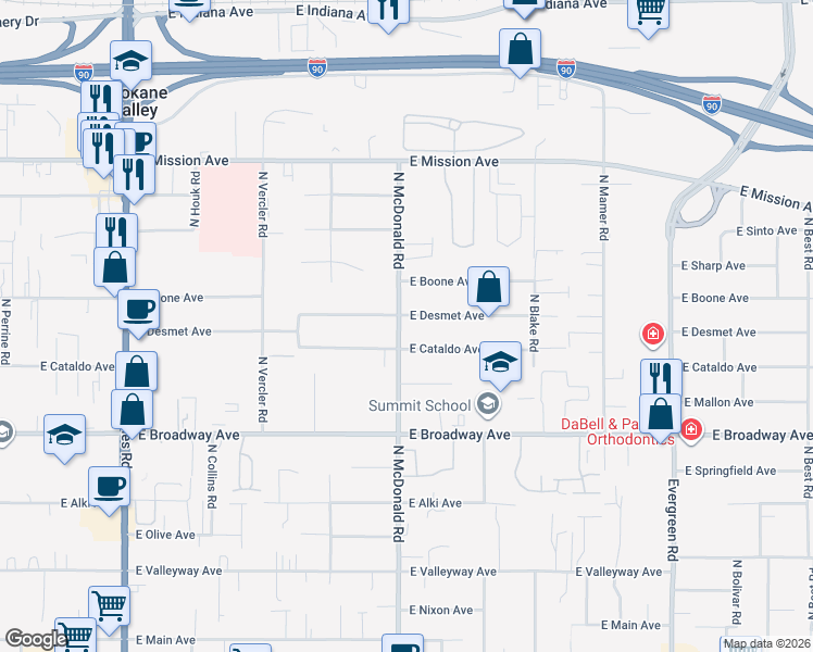 map of restaurants, bars, coffee shops, grocery stores, and more near 13119 East Cataldo Avenue in Spokane Valley