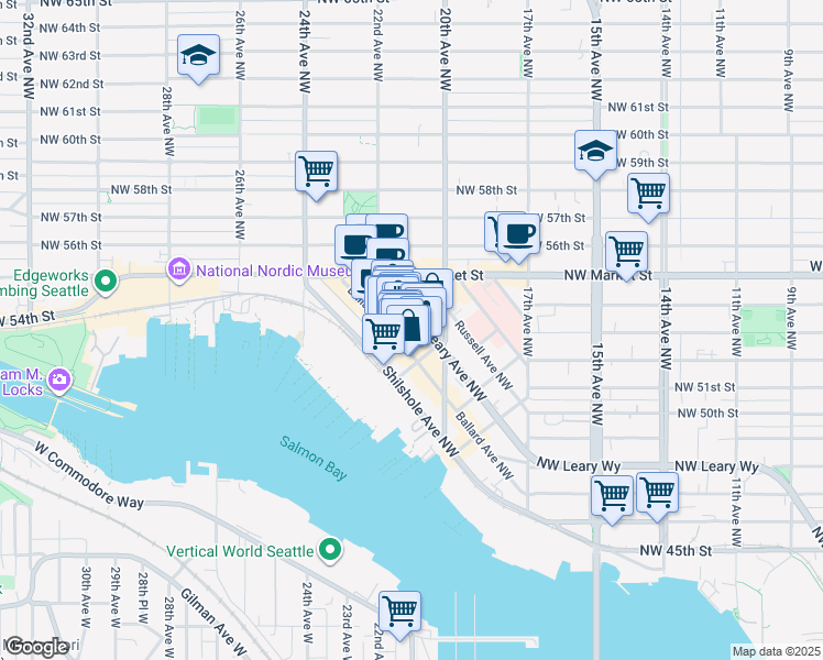 map of restaurants, bars, coffee shops, grocery stores, and more near 5433 Leary Avenue Northwest in Seattle
