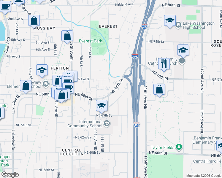 map of restaurants, bars, coffee shops, grocery stores, and more near 11208 Northeast 68th Street in Kirkland