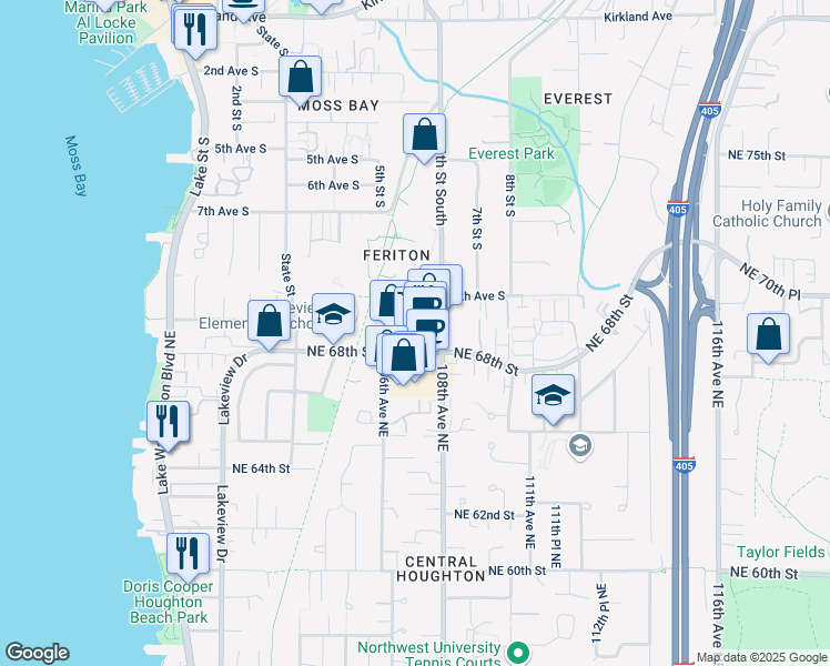 map of restaurants, bars, coffee shops, grocery stores, and more near 10718 Northeast 68th Street in Kirkland