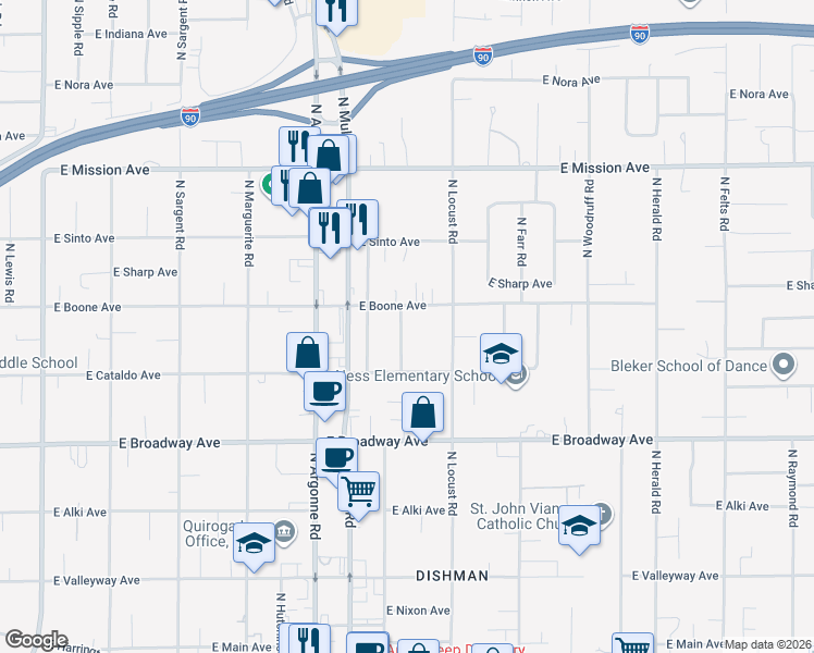 map of restaurants, bars, coffee shops, grocery stores, and more near 1026 North Willow Road in Spokane Valley