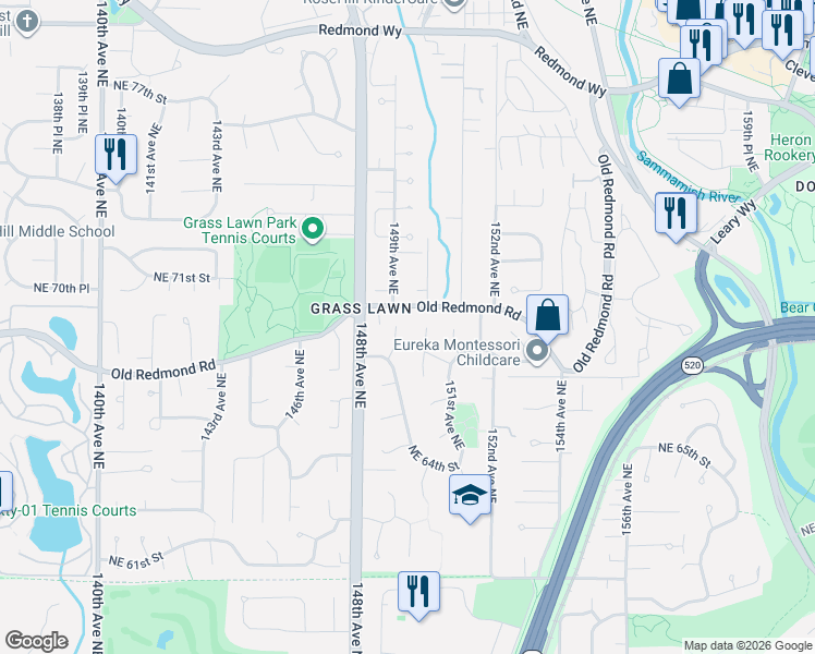 map of restaurants, bars, coffee shops, grocery stores, and more near 6906 149th Avenue Northeast in Redmond
