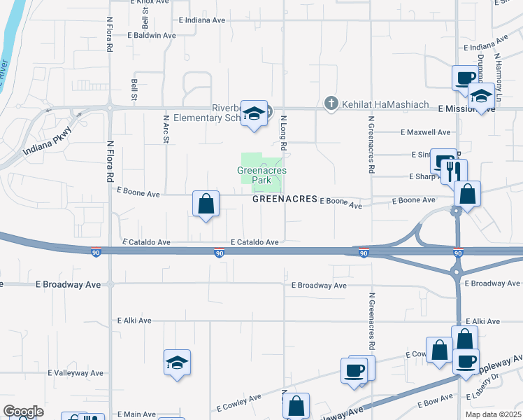 map of restaurants, bars, coffee shops, grocery stores, and more near 1005 N Manifold Ln in Spokane Valley