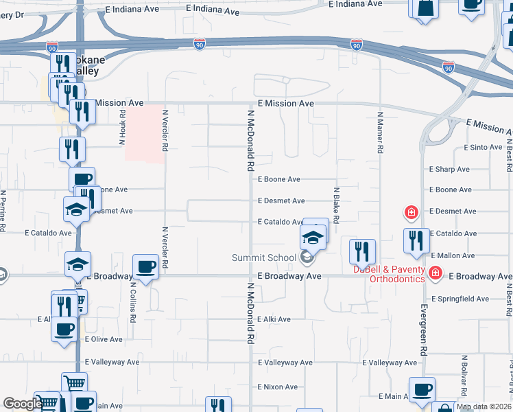 map of restaurants, bars, coffee shops, grocery stores, and more near 13119 East Cataldo Avenue in Spokane Valley