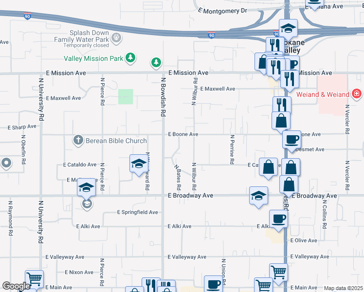 map of restaurants, bars, coffee shops, grocery stores, and more near 1024 North Bates Road in Spokane Valley