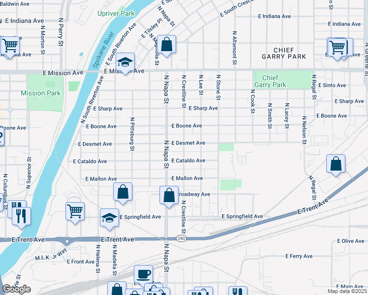 map of restaurants, bars, coffee shops, grocery stores, and more near 1012 North Crestline Street in Spokane