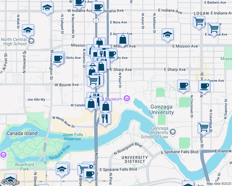 map of restaurants, bars, coffee shops, grocery stores, and more near in Spokane