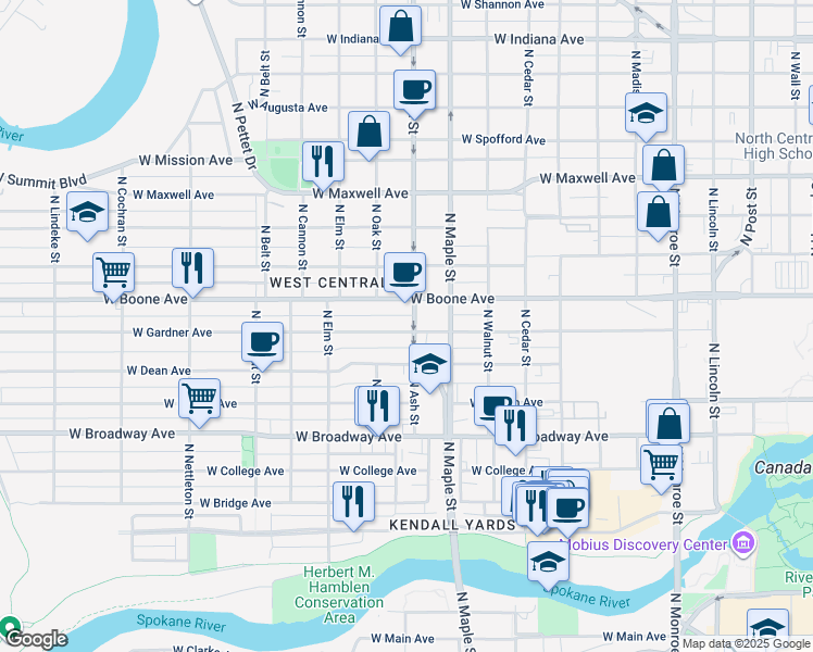 map of restaurants, bars, coffee shops, grocery stores, and more near 1723 West Gardner Avenue in Spokane