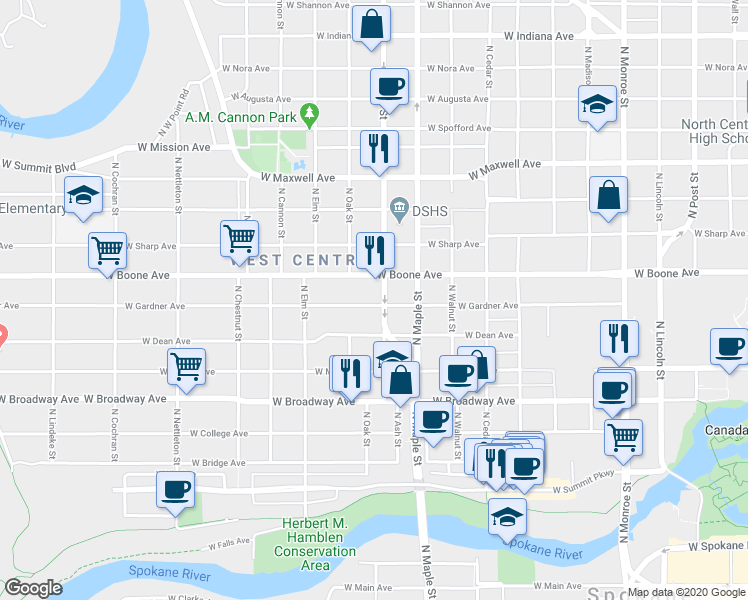 map of restaurants, bars, coffee shops, grocery stores, and more near 1723 West Gardner Avenue in Spokane