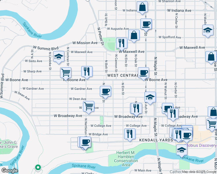 map of restaurants, bars, coffee shops, grocery stores, and more near in Spokane