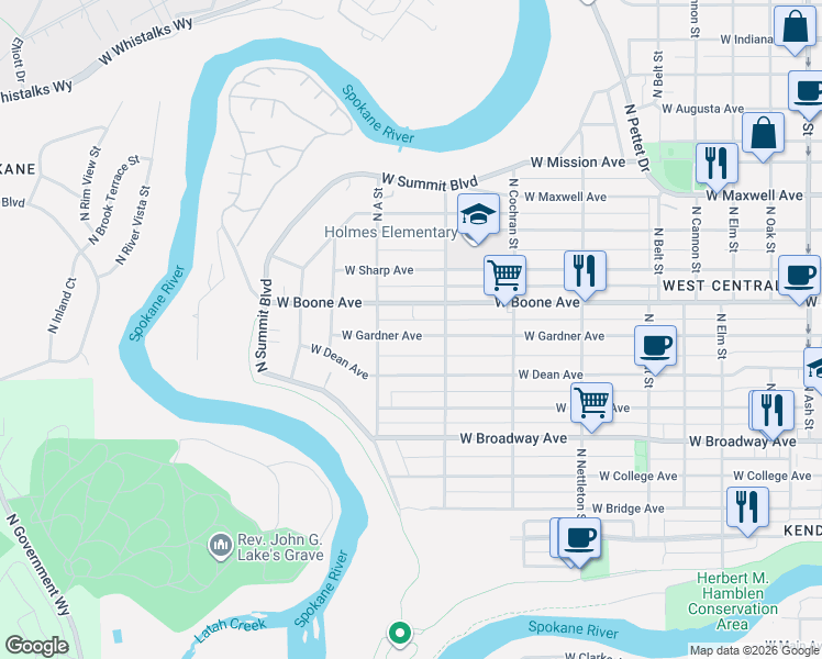 map of restaurants, bars, coffee shops, grocery stores, and more near 2811 West Gardner Avenue in Spokane