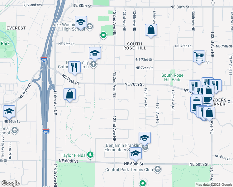 map of restaurants, bars, coffee shops, grocery stores, and more near 12218 Northeast 68th Place in Kirkland