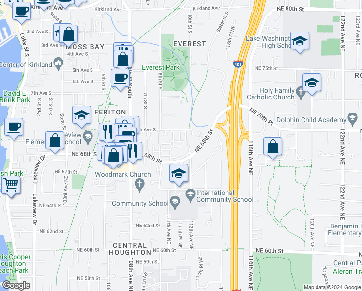 map of restaurants, bars, coffee shops, grocery stores, and more near 11120 Northeast 68th Street in Kirkland