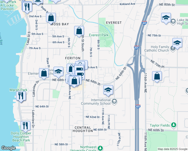 map of restaurants, bars, coffee shops, grocery stores, and more near 10842 Northeast 68th Street in Kirkland