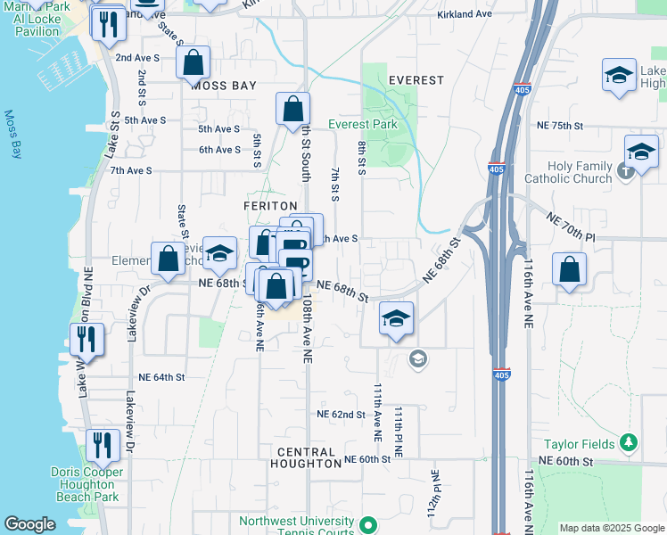 map of restaurants, bars, coffee shops, grocery stores, and more near 10842 Northeast 68th Street in Kirkland