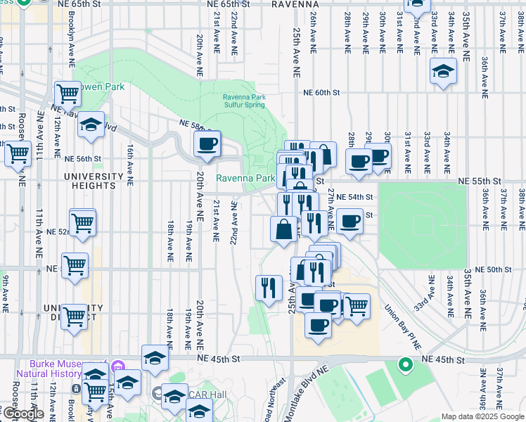 map of restaurants, bars, coffee shops, grocery stores, and more near 2269 Northeast 53rd Street in Seattle