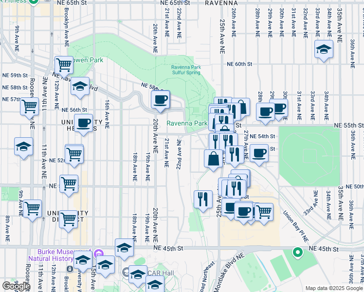 map of restaurants, bars, coffee shops, grocery stores, and more near 5222 22nd Avenue Northeast in Seattle