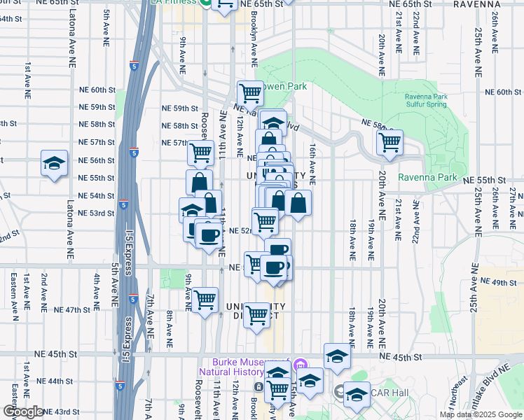 map of restaurants, bars, coffee shops, grocery stores, and more near 5219 Brooklyn Avenue Northeast in Seattle