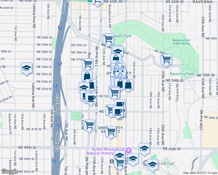 map of restaurants, bars, coffee shops, grocery stores, and more near 5219 Brooklyn Avenue Northeast in Seattle