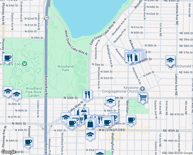 map of restaurants, bars, coffee shops, grocery stores, and more near 1429 North 53rd Street in Seattle
