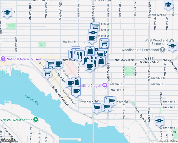 map of restaurants, bars, coffee shops, grocery stores, and more near 1525 Northwest 53rd Street in Seattle