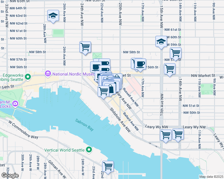 map of restaurants, bars, coffee shops, grocery stores, and more near 2106 Northwest Vernon Place in Seattle