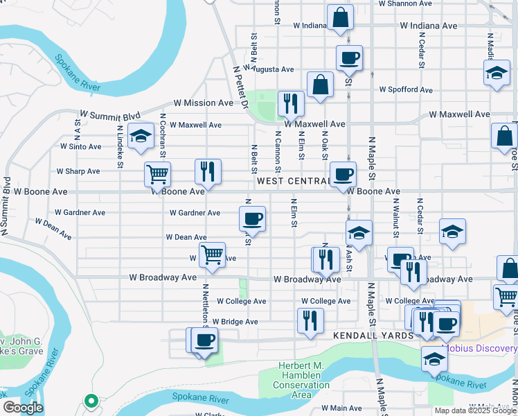 map of restaurants, bars, coffee shops, grocery stores, and more near in Spokane