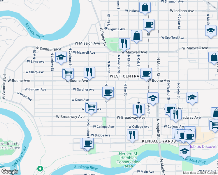 map of restaurants, bars, coffee shops, grocery stores, and more near 2024 West Gardner Avenue in Spokane