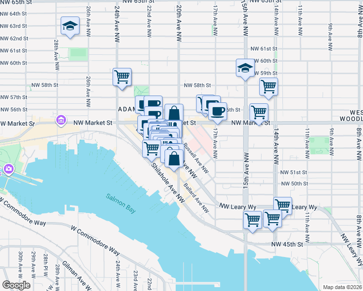 map of restaurants, bars, coffee shops, grocery stores, and more near 5216 20th Avenue Northwest in Seattle