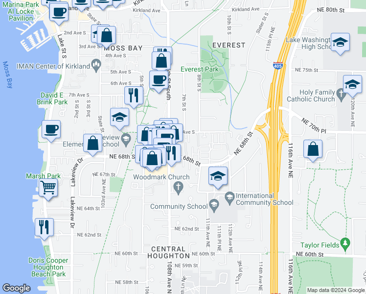 map of restaurants, bars, coffee shops, grocery stores, and more near 10834 Northeast 68th Street in Kirkland