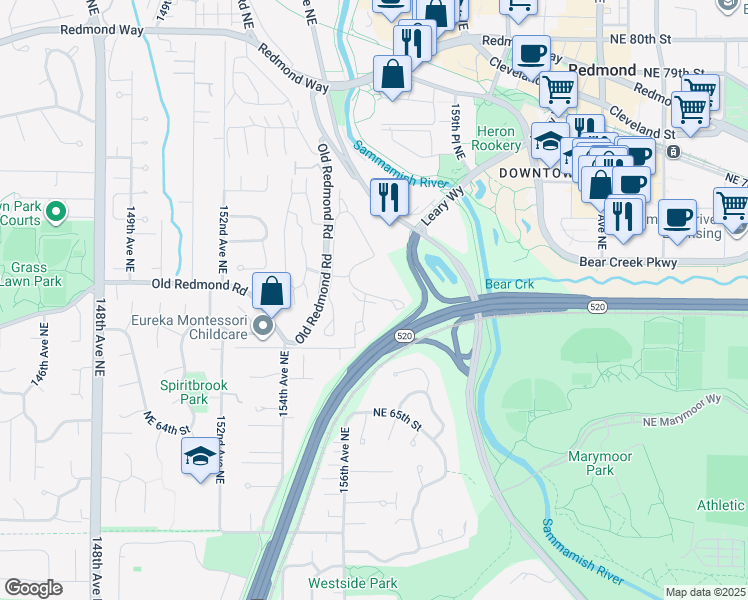 map of restaurants, bars, coffee shops, grocery stores, and more near 15721 Northeast 70th Court in Redmond