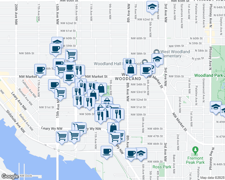 map of restaurants, bars, coffee shops, grocery stores, and more near 5216 9th Avenue Northwest in Seattle