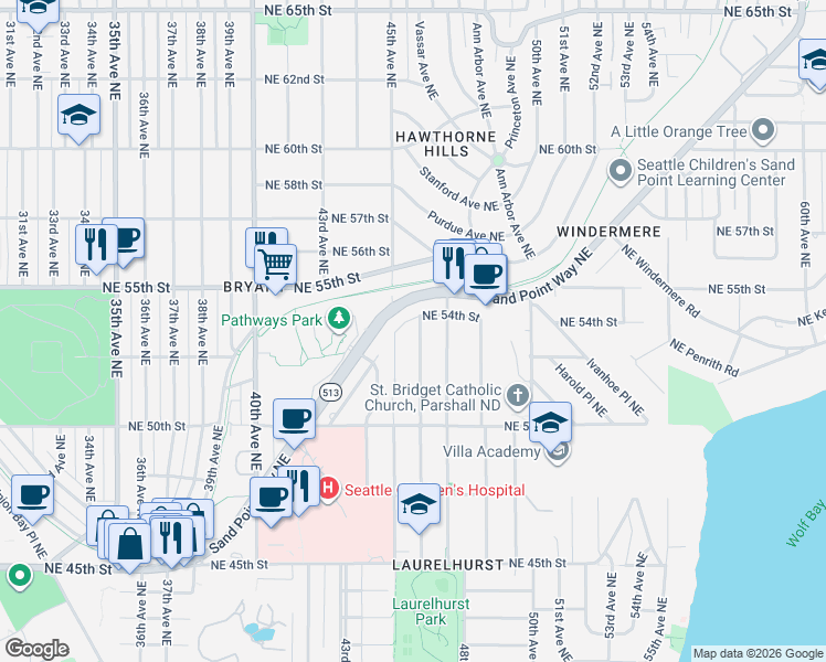 map of restaurants, bars, coffee shops, grocery stores, and more near 5147 46th Avenue Northeast in Seattle